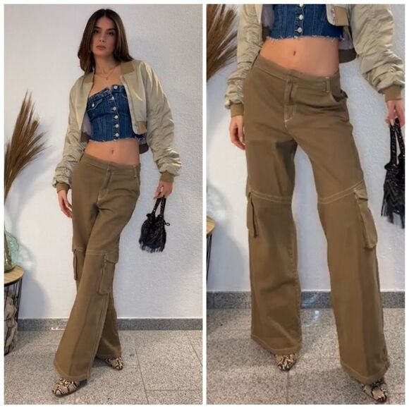 Zara Full Length Light Khaki Cargo Pants New - Picture 3 of 10